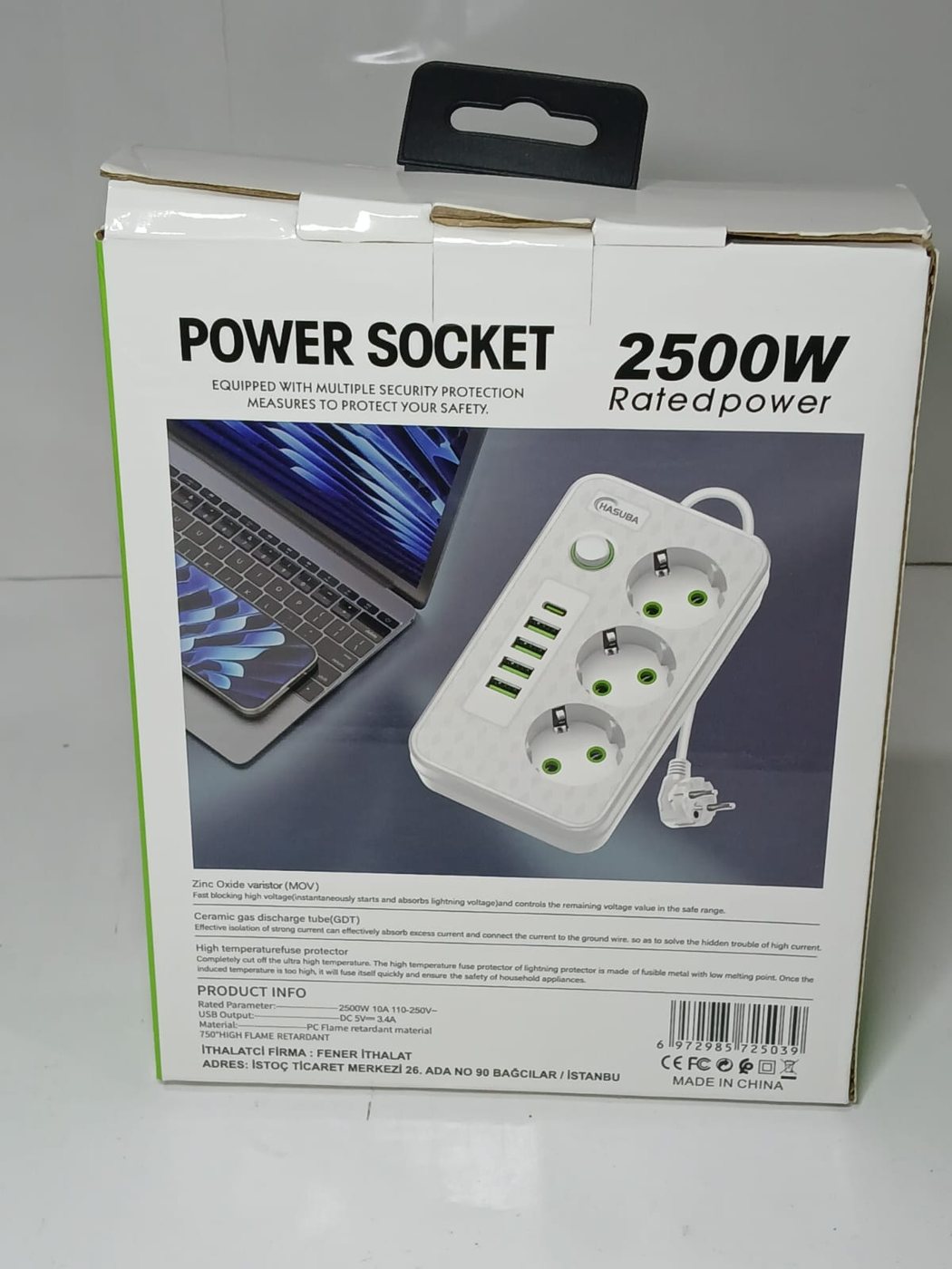 USB'li Grup Priz Antalya, 3 Priz 2500W Akım Korumalı — HASUBA — görsel 3/3