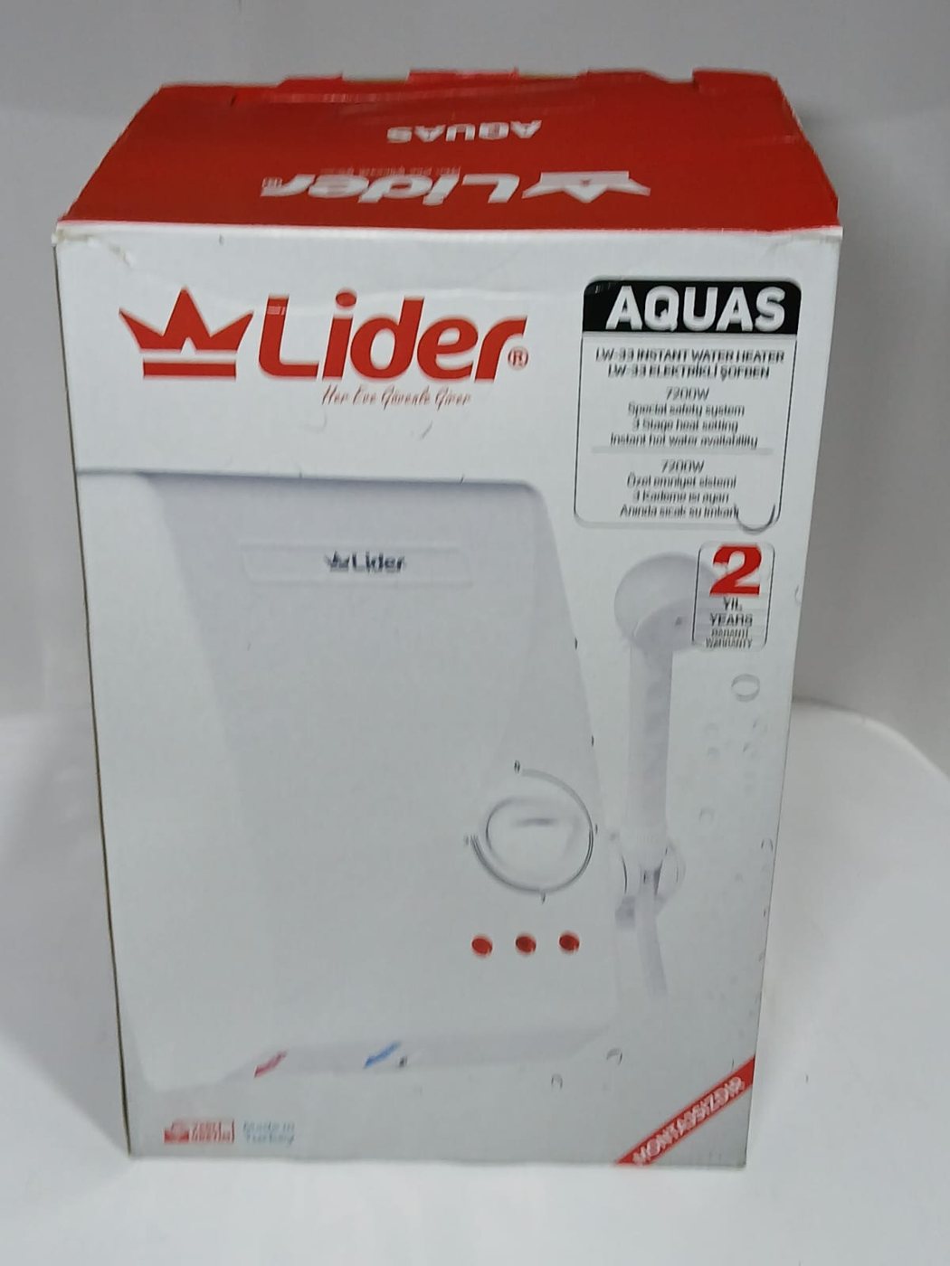 Elektrikli Şofben Antalya, 7200W 3 Kademeli — Lider Aquas — Erdem Elektronik Antalya